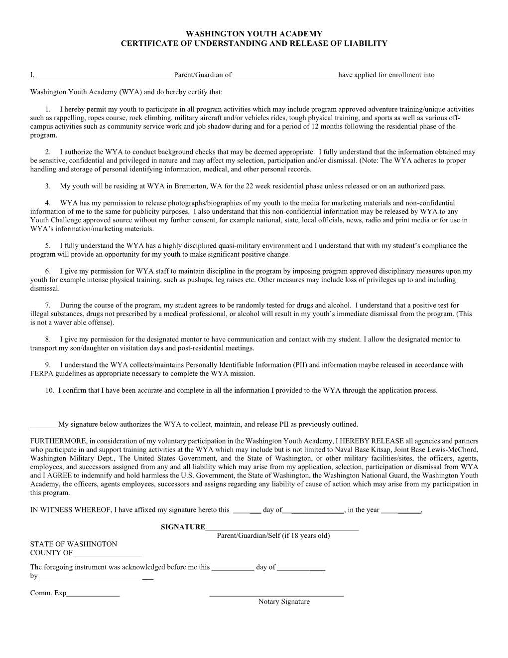 Washington Youth Academy Certificate of Understanding and Release of Liability