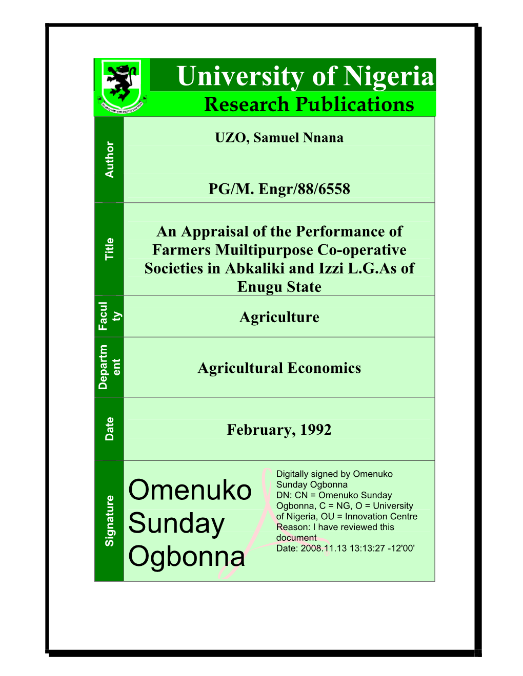 University of Nigeria Omenuko Sunday Ogbonna