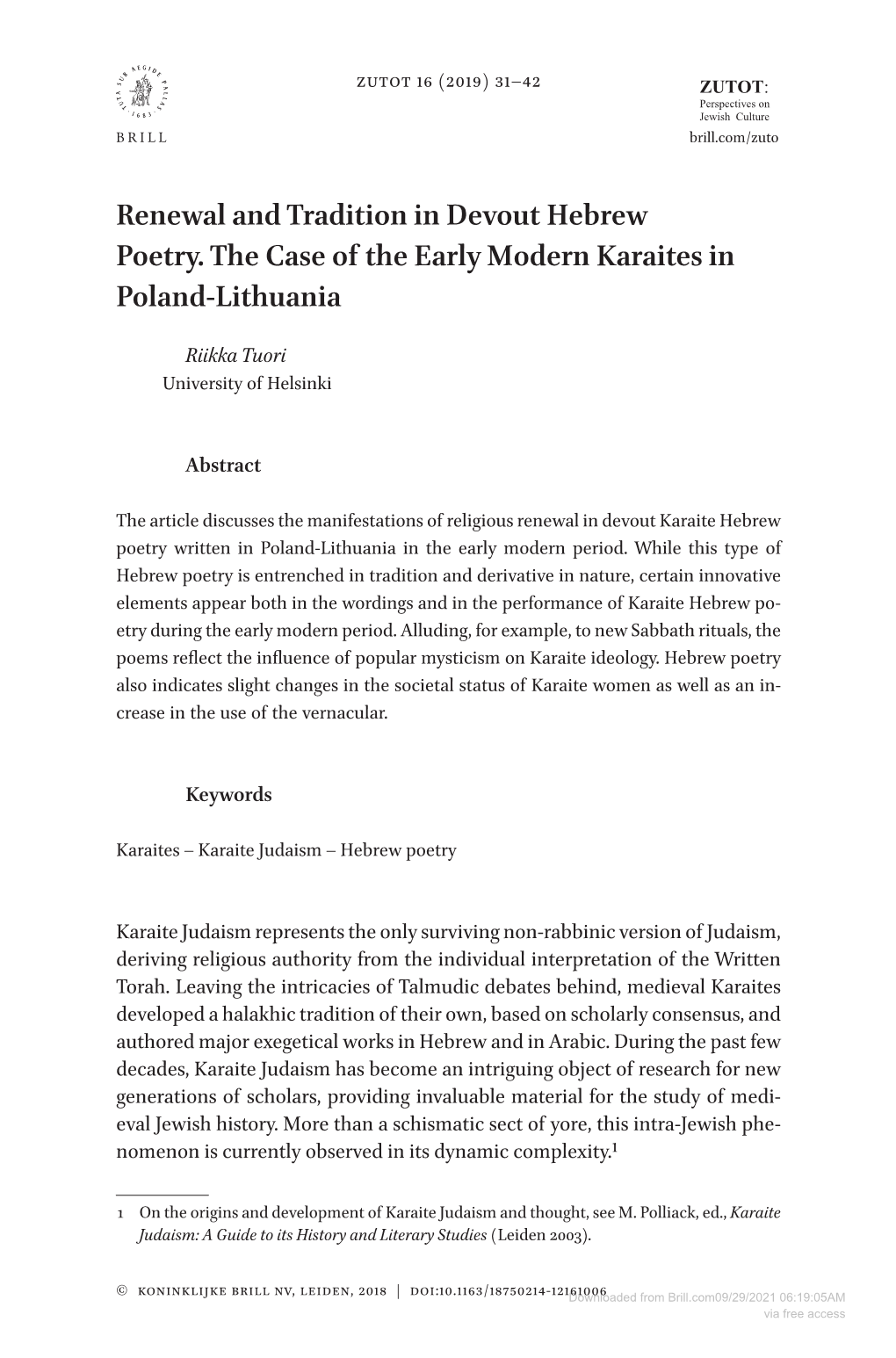 Renewal and Tradition in Devout Hebrew Poetry. the Case of the Early Modern Karaites in Poland-Lithuania