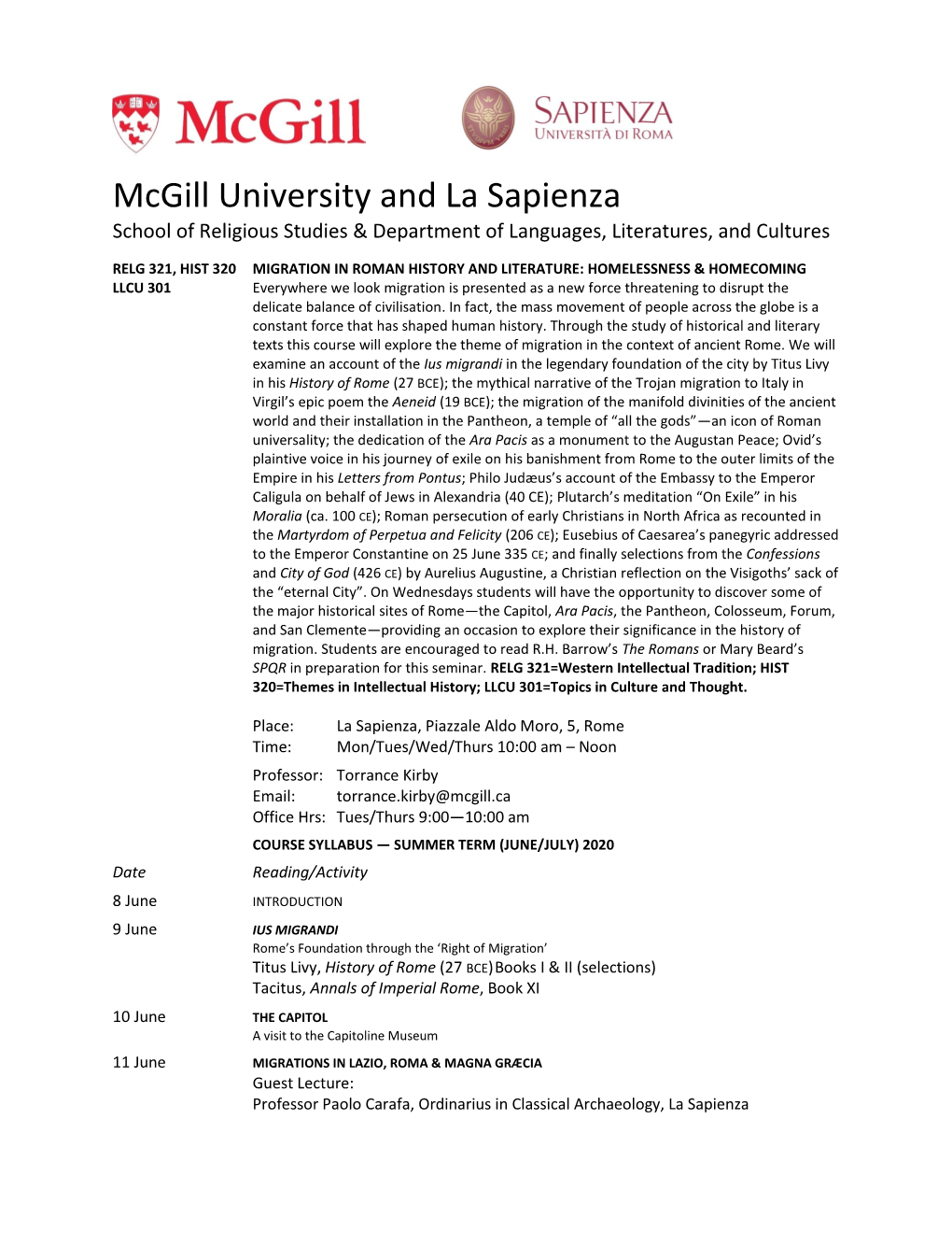 Mcgill University and La Sapienza
