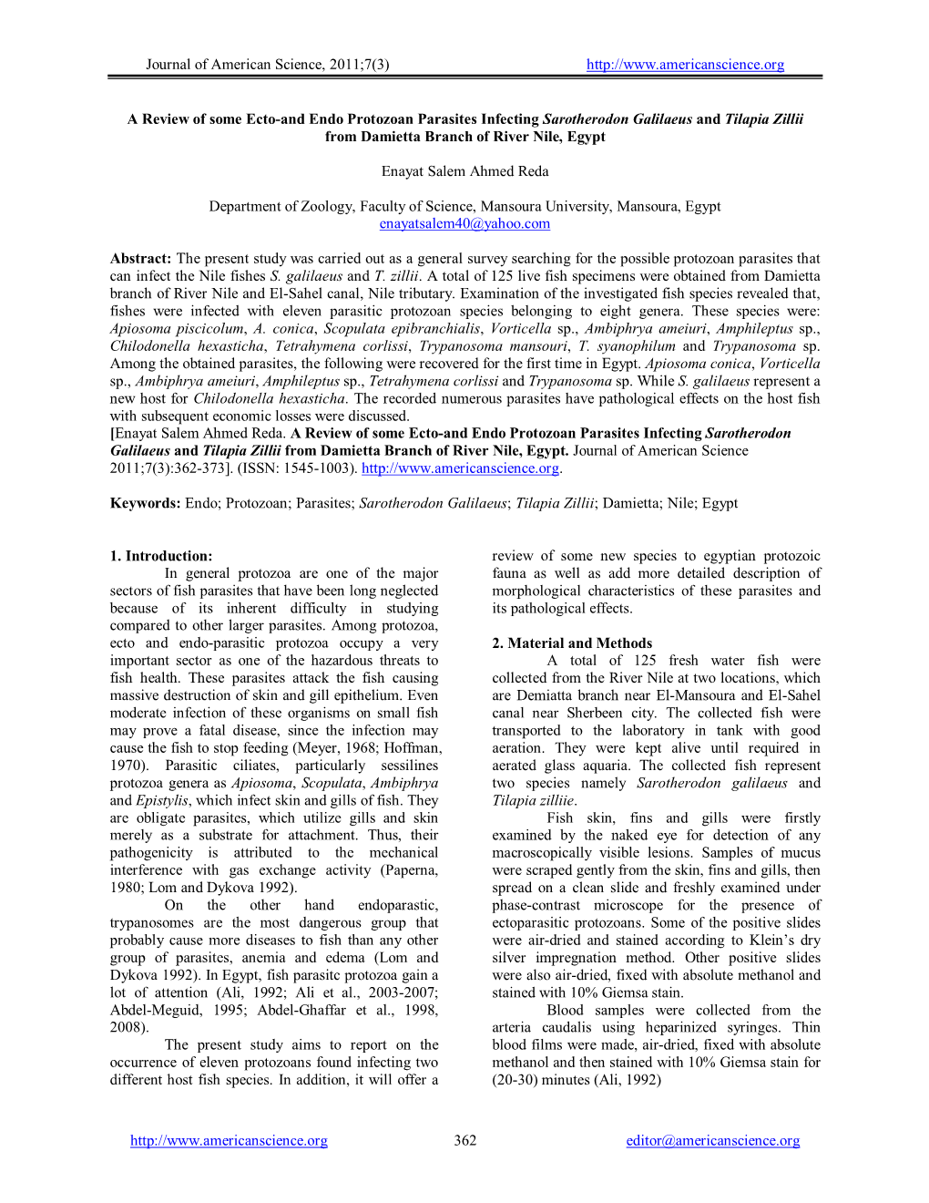 A Review of Some Ecto and Endo Protozoan Parasites Infecting