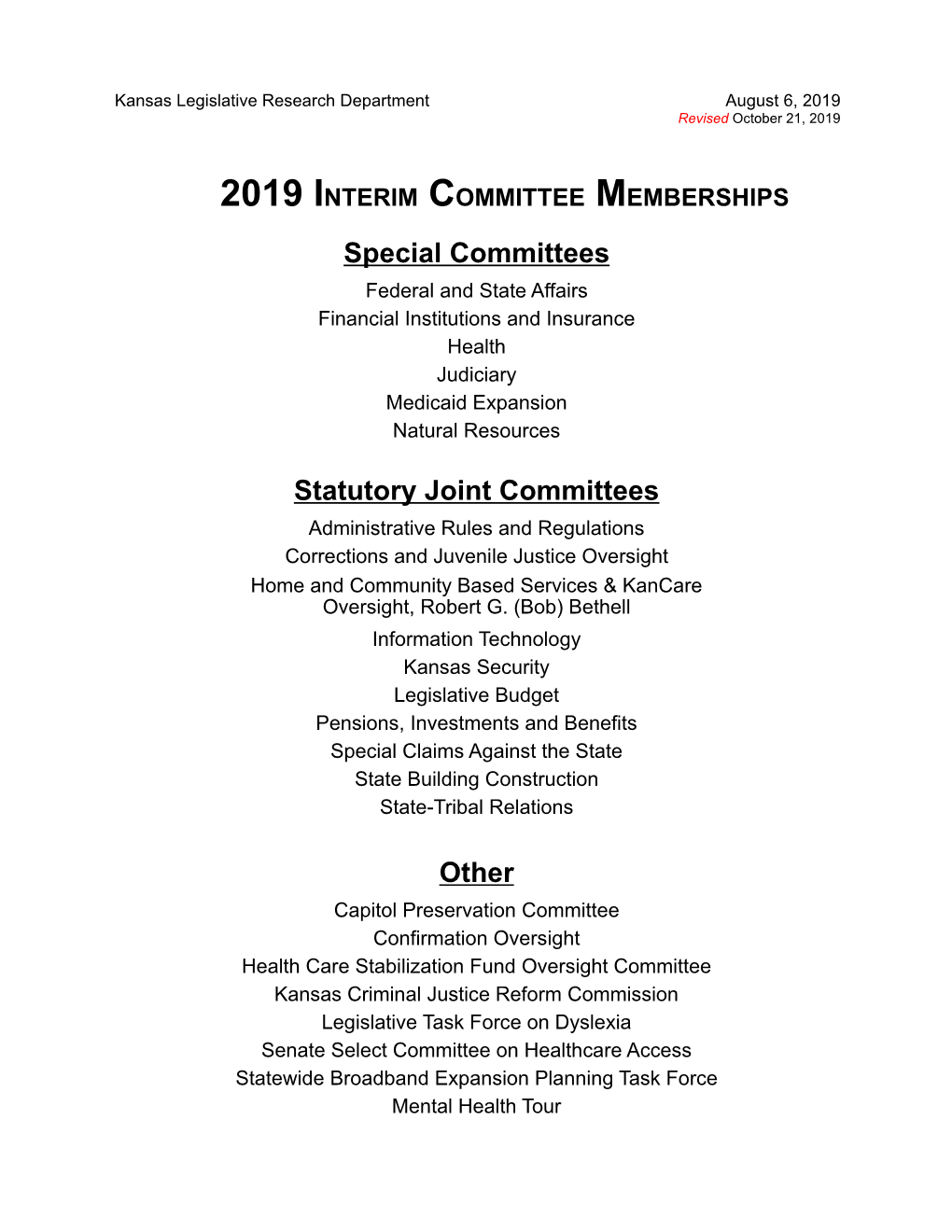 2019 Interim Committee Membership