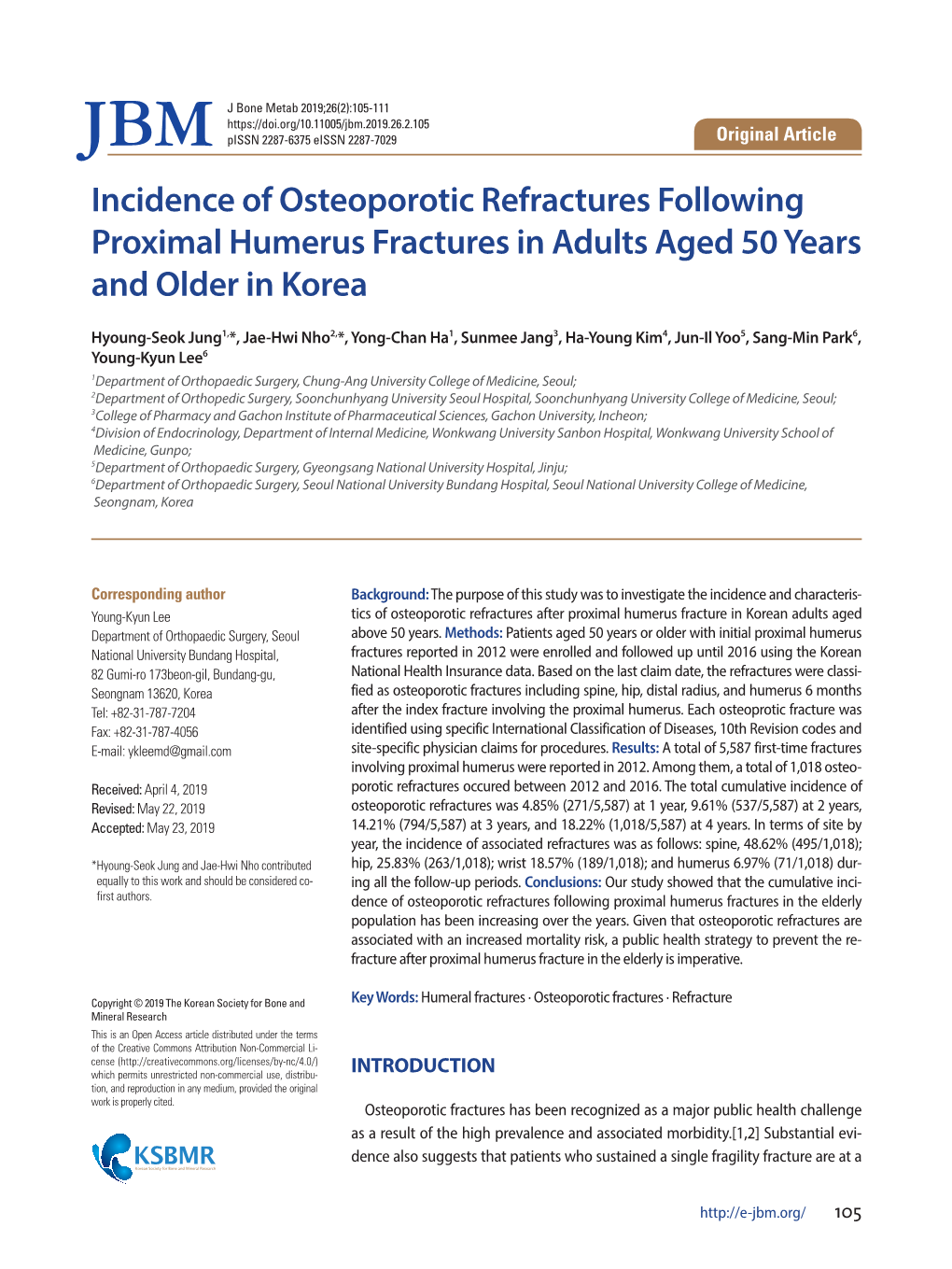 Incidence of Osteoporotic Refractures Following Proximal Humerus Fractures in Adults Aged 50 Years and Older in Korea