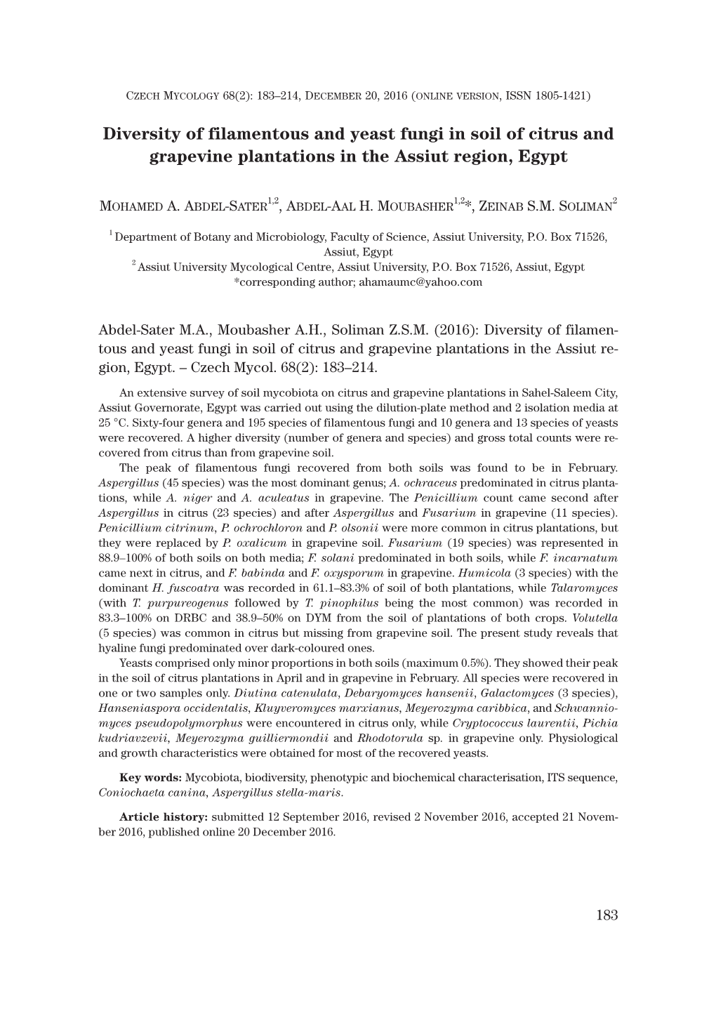 Diversity of Filamentous and Yeast Fungi in Soil of Citrus and Grapevine Plantations in the Assiut Region, Egypt