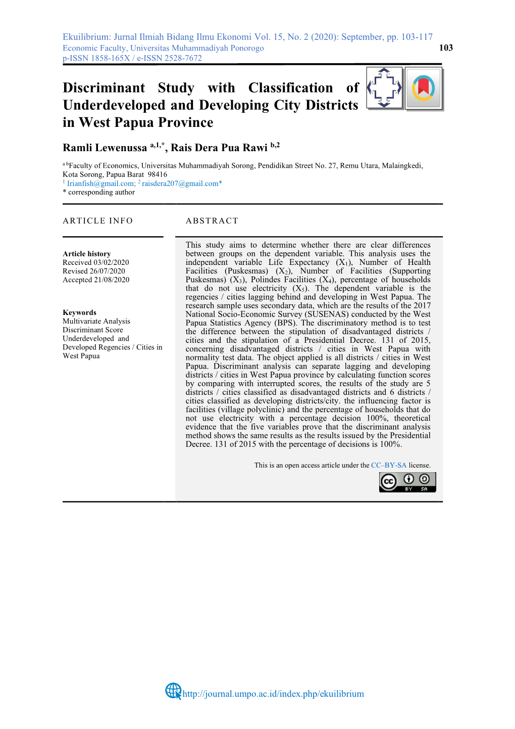 Discriminant Study with Classification of Underdeveloped and Developing City Districts in West Papua Province