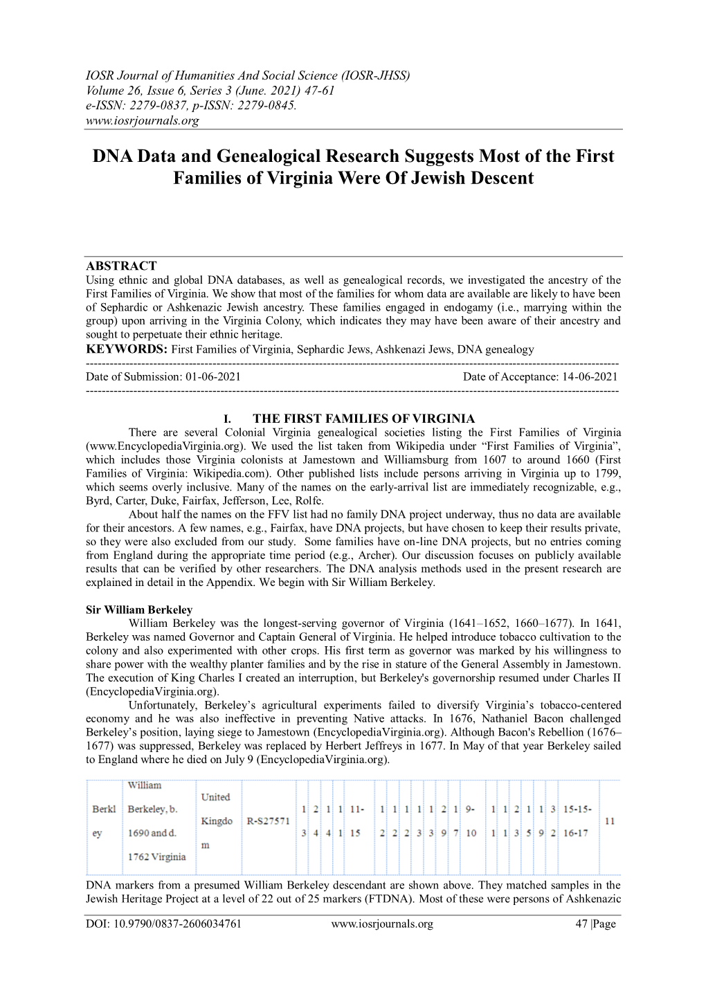 DNA Data and Genealogical Research Suggests Most of the First Families of Virginia Were of Jewish Descent