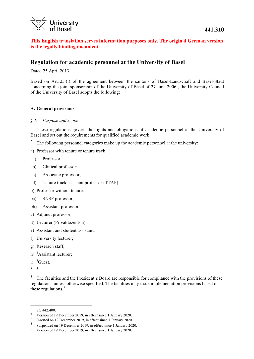 441.310 Regulation for Academic Personnel at the University of Basel