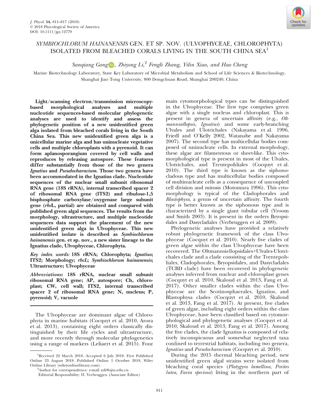 Symbiochlorum Hainanensis Gen. Et Sp. Nov. (Ulvophyceae, Chlorophyta) Isolated from Bleached Corals Living in the South China Sea1