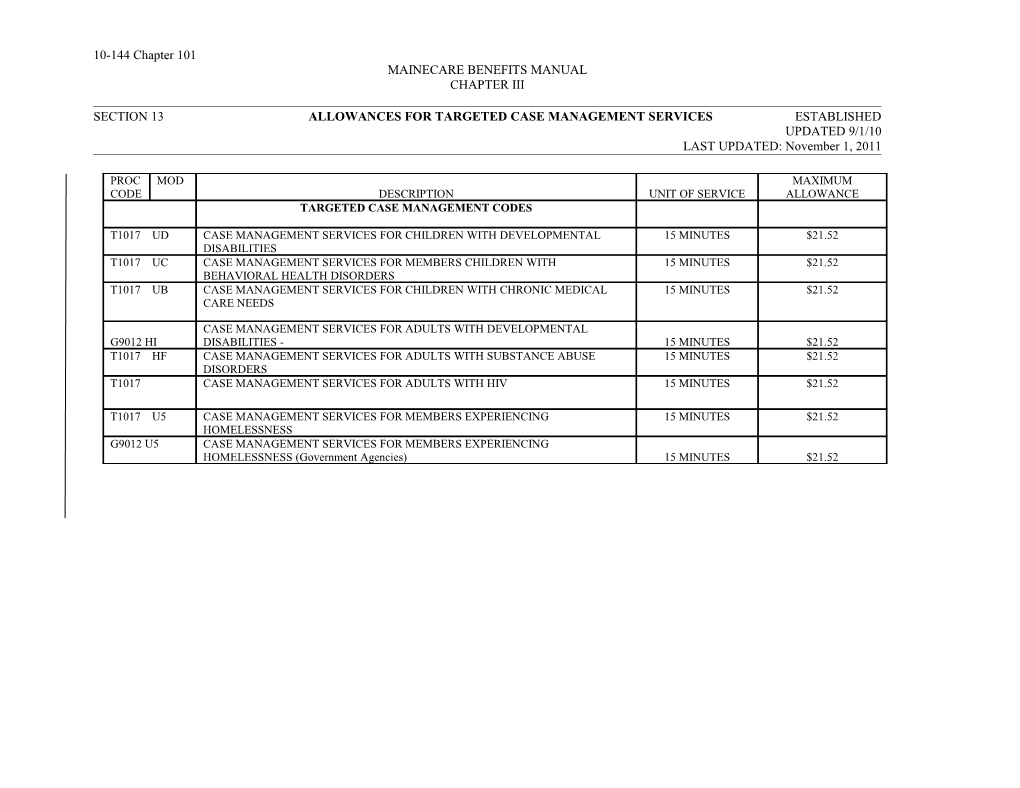 Section 13 Allowances for Targeted Case Management Services Established