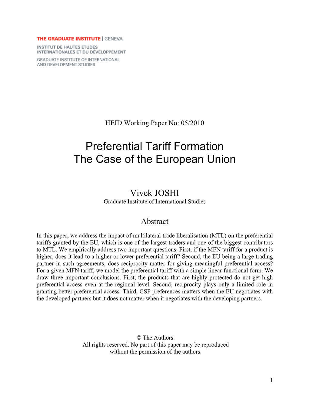 Preferential Tariff Formation the Case of the European Union