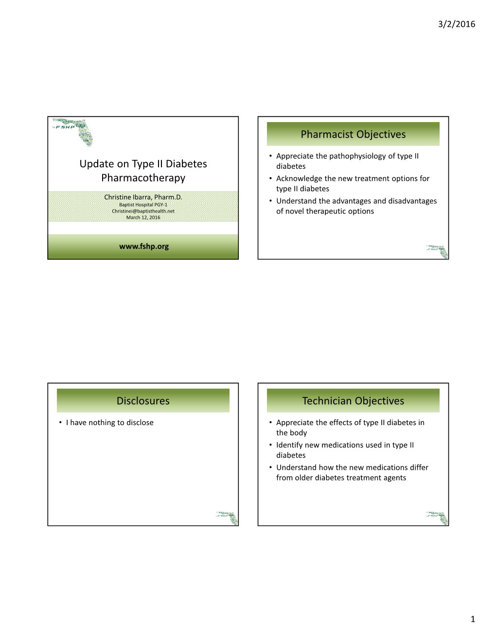 Update on Type II Diabetes Pharmacotherapy Disclosures