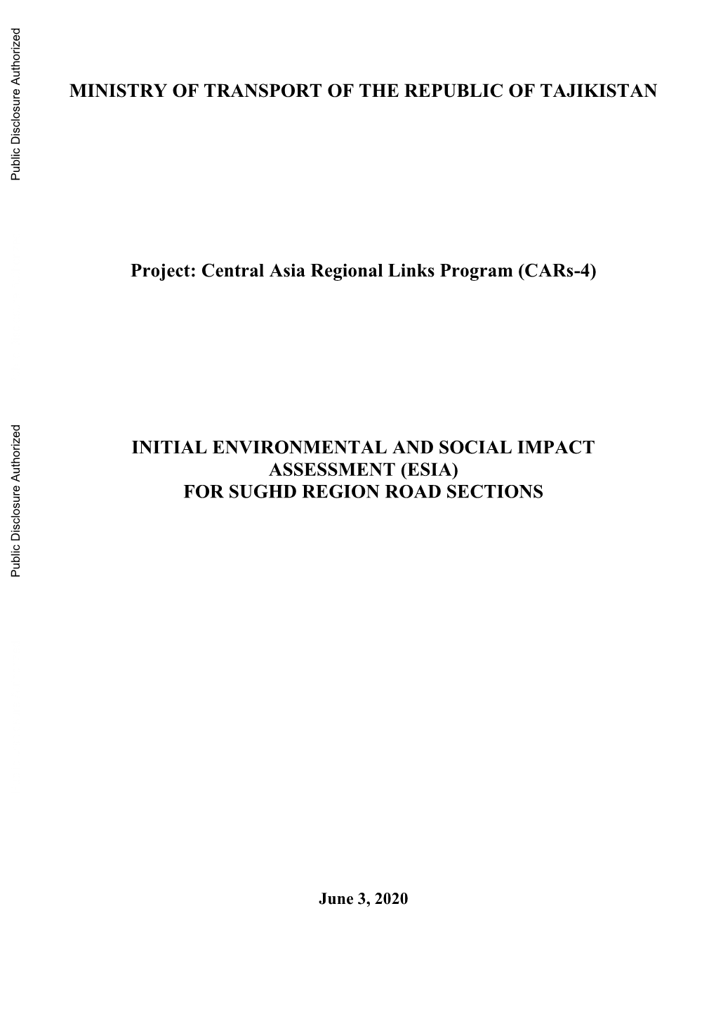 Initial Environmental and Social Impact Assessment (Esia) for Sughd Region Road Sections