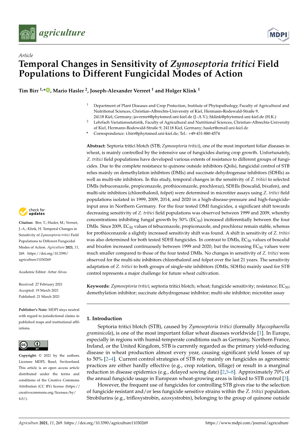 Temporal Changes in Sensitivity of Zymoseptoria Tritici Field Populations to Different Fungicidal Modes of Action