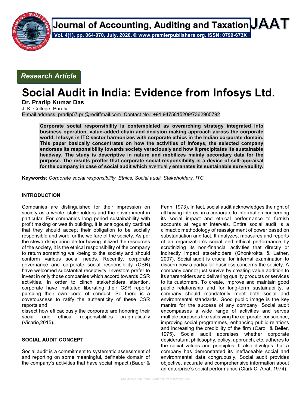 Social Audit in India: Evidence from Infosys Ltd. Dr