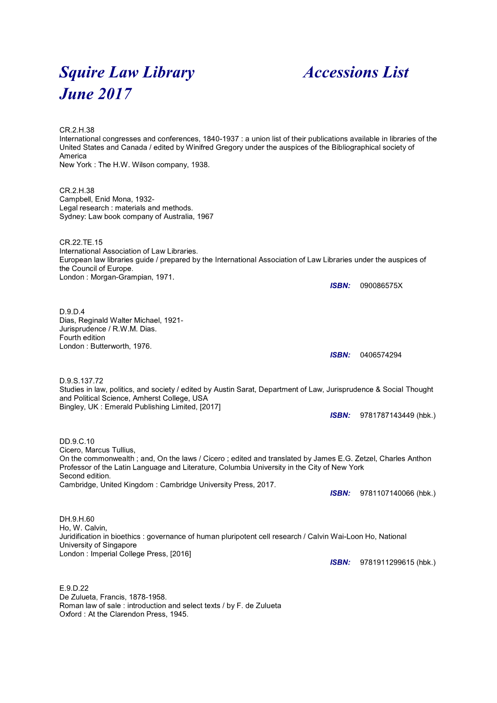 Squire Law Library Accessions List June 2017