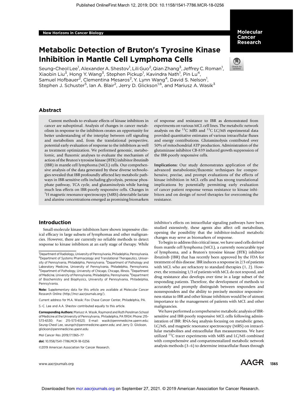 Metabolic Detection of Bruton's Tyrosine Kinase Inhibition in Mantle Cell Lymphoma Cells Seung-Cheol Lee1, Alexander A