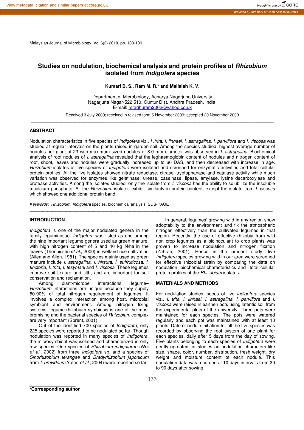 133 Studies on Nodulation, Biochemical Analysis and Protein