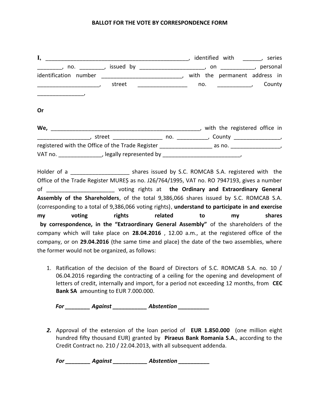 Ballot for the Vote by Correspondence Form