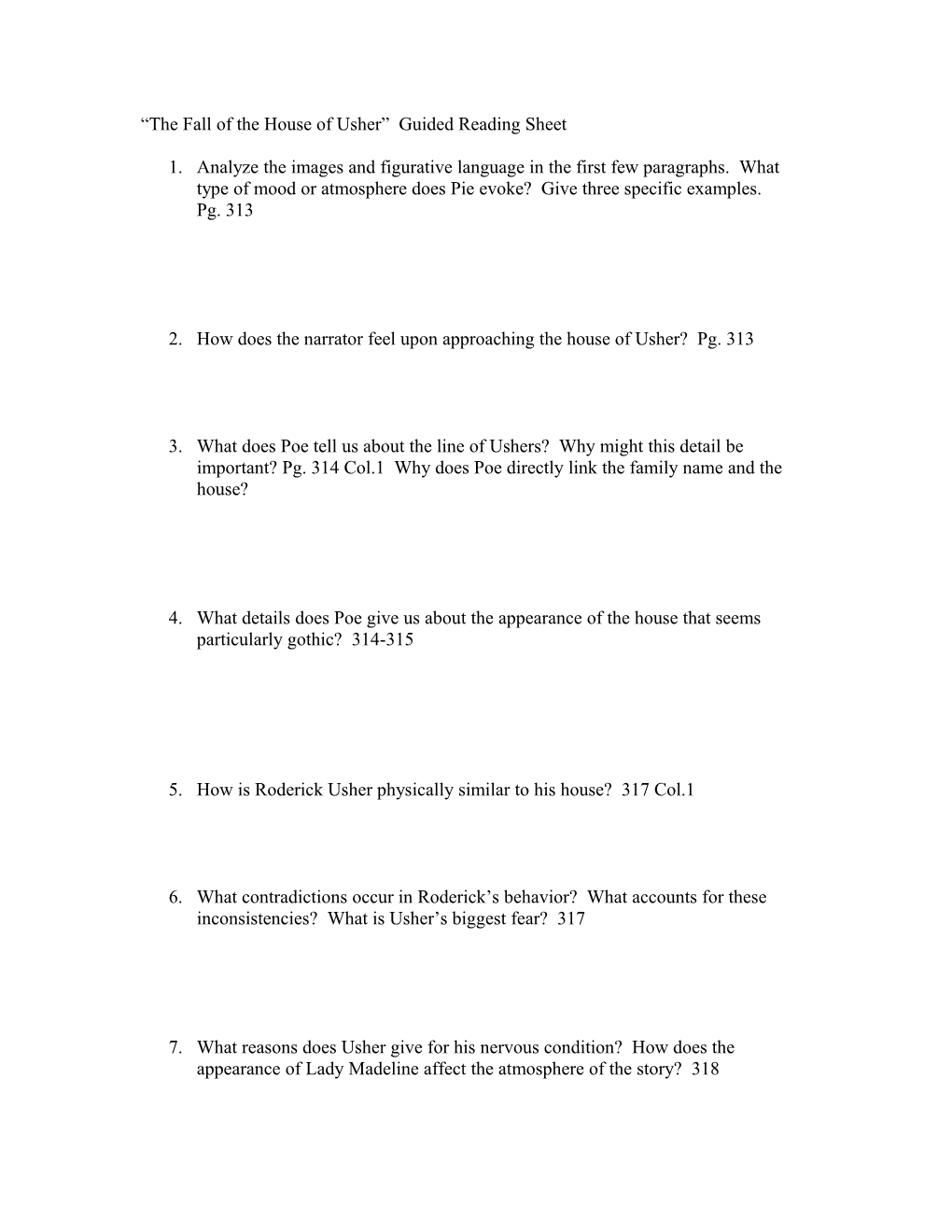 The Fall of the House of Usher Guided Reading Sheet