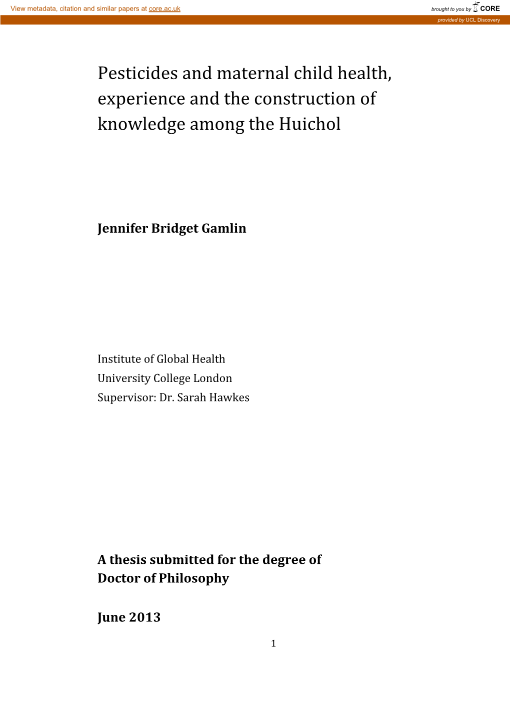 Pesticides and Maternal Child Health, Experience and the Construction of Knowledge Among the Huichol