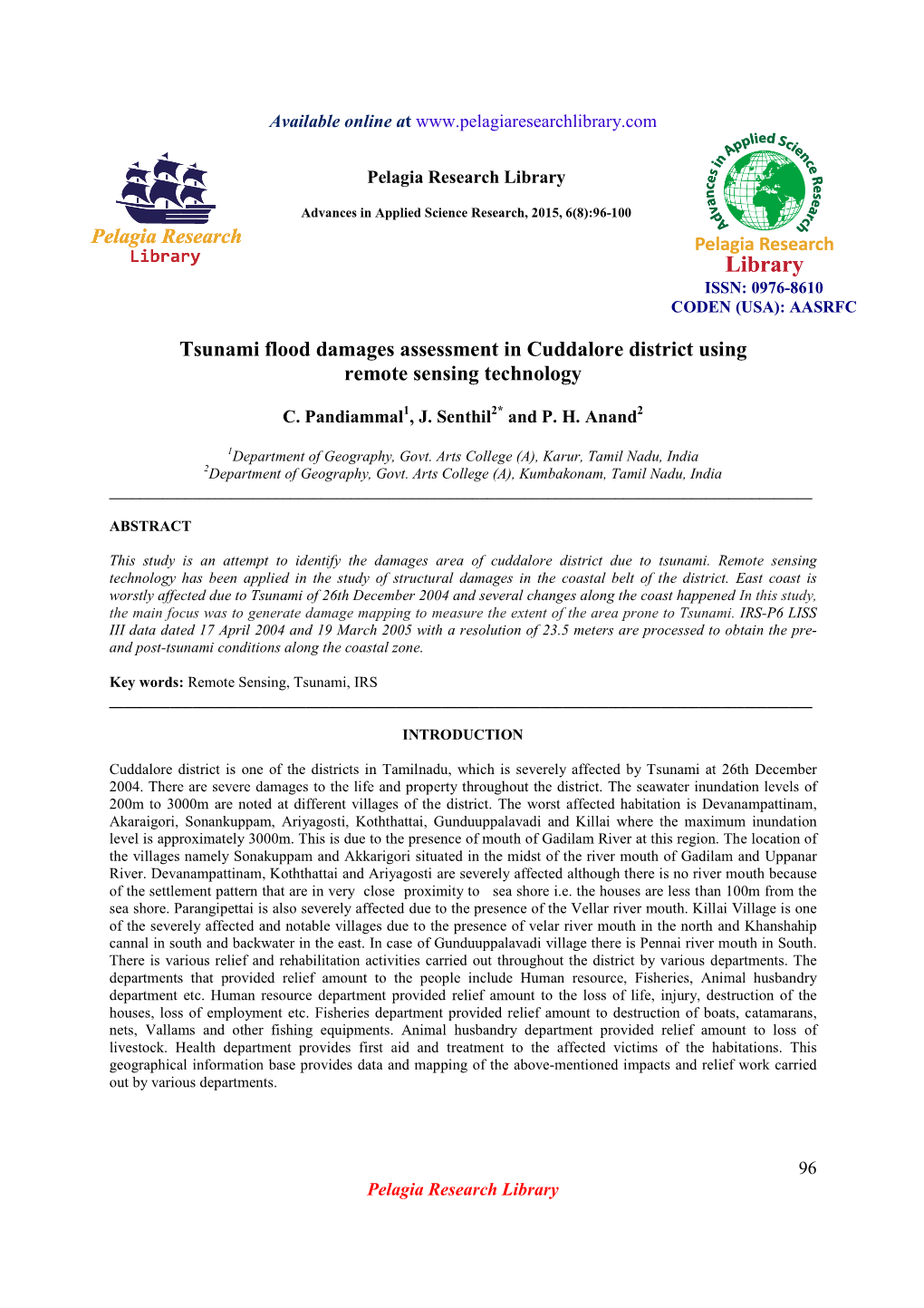 Tsunami Flood Damages Assessment in Cuddalore District Using Remote Sensing Technology