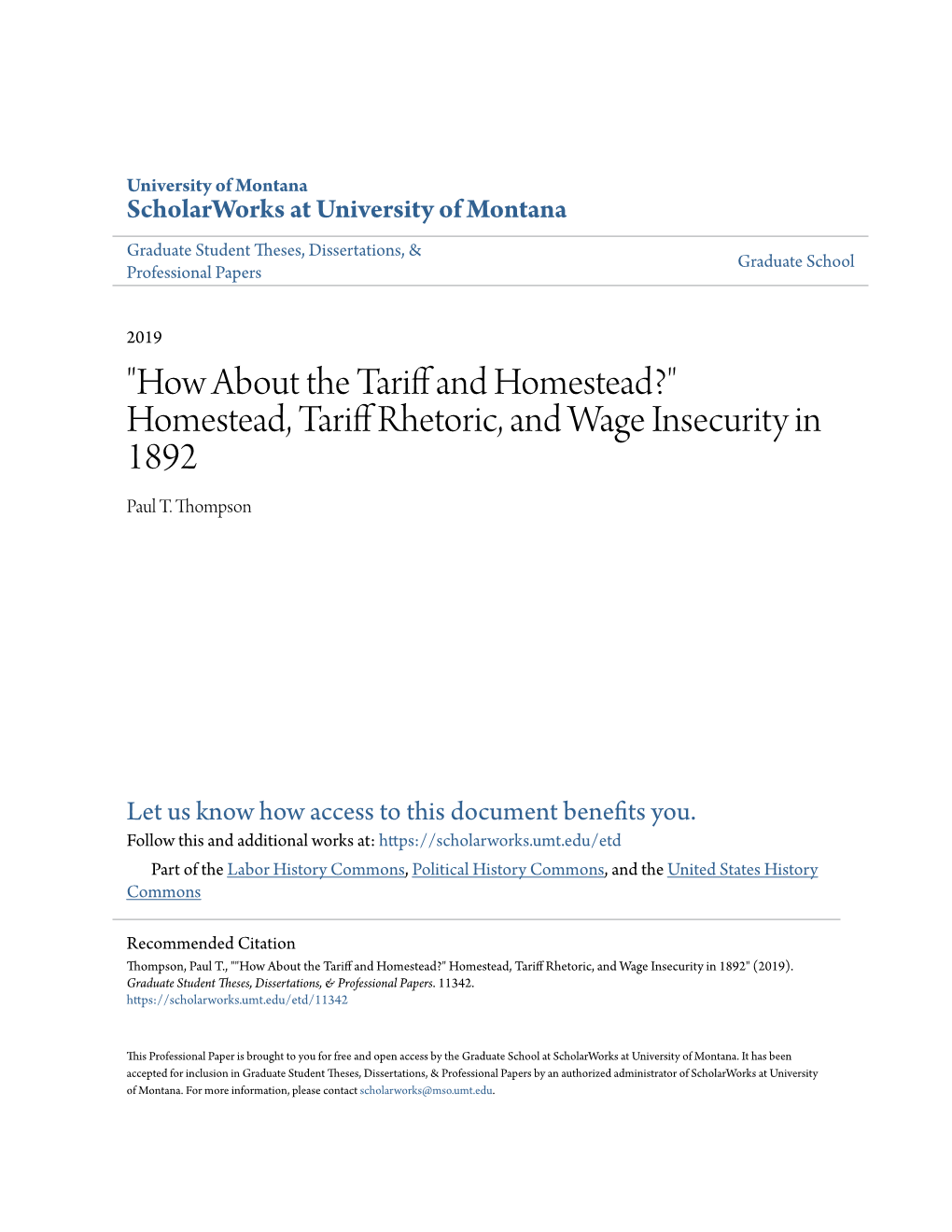 Homestead, Tariff Rhetoric, and Wage Insecurity in 1892 Paul T