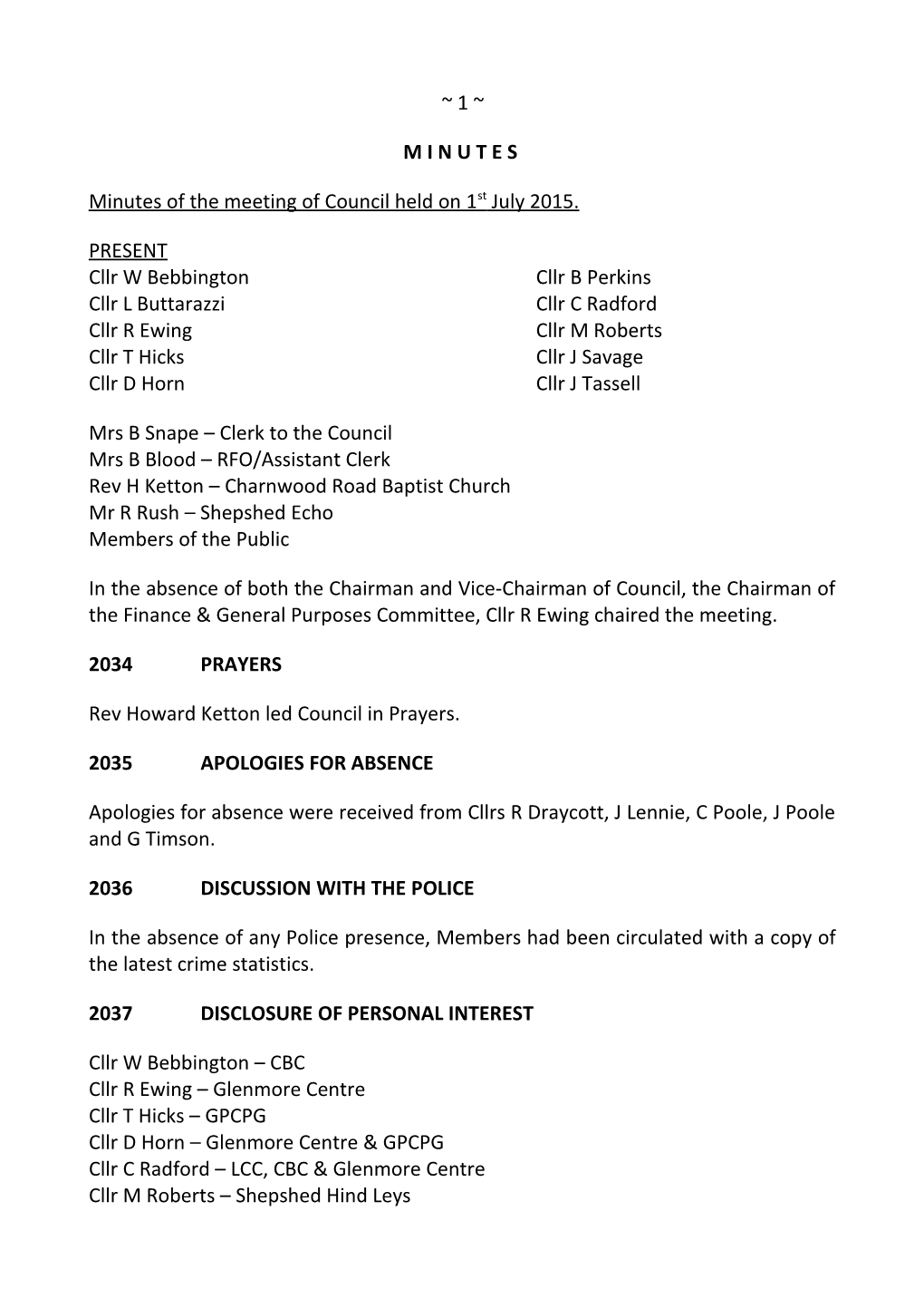 Minutes of the Meeting of Council Held on 1St July 2015