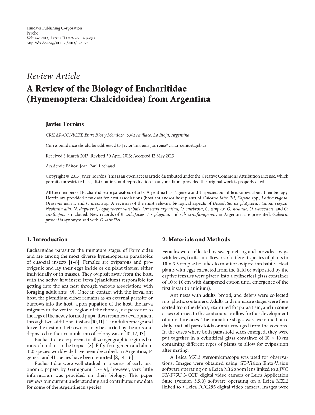 Review Article a Review of the Biology of Eucharitidae (Hymenoptera: Chalcidoidea) from Argentina