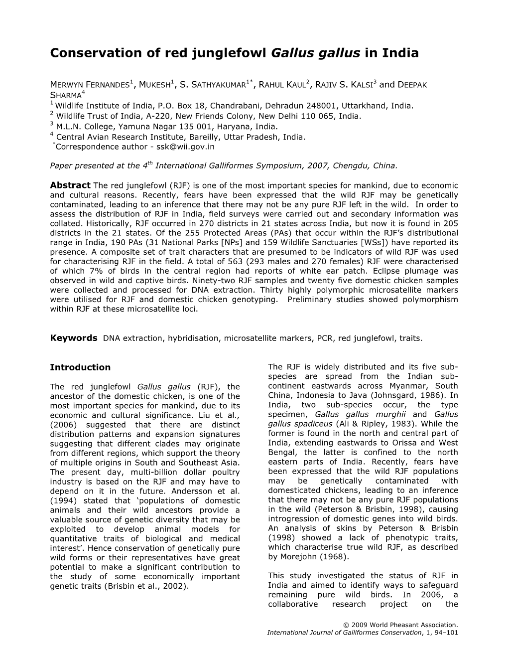 Conservation of Red Junglefowl Gallus Gallus in India