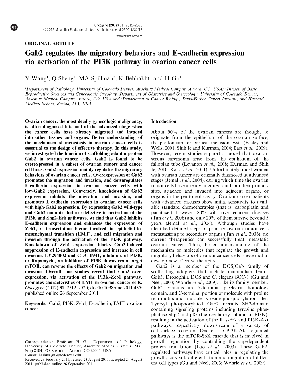 Gab2 Regulates the Migratory Behaviors and E-Cadherin Expression Via Activation of the PI3K Pathway in Ovarian Cancer Cells