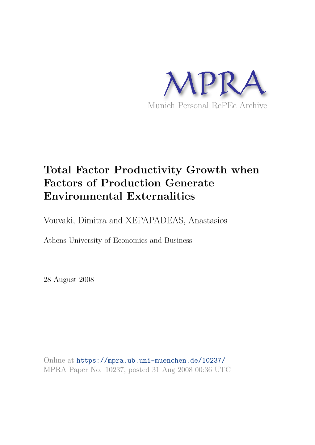 Total Factor Productivity Growth When Factors of Production Generate Environmental Externalities