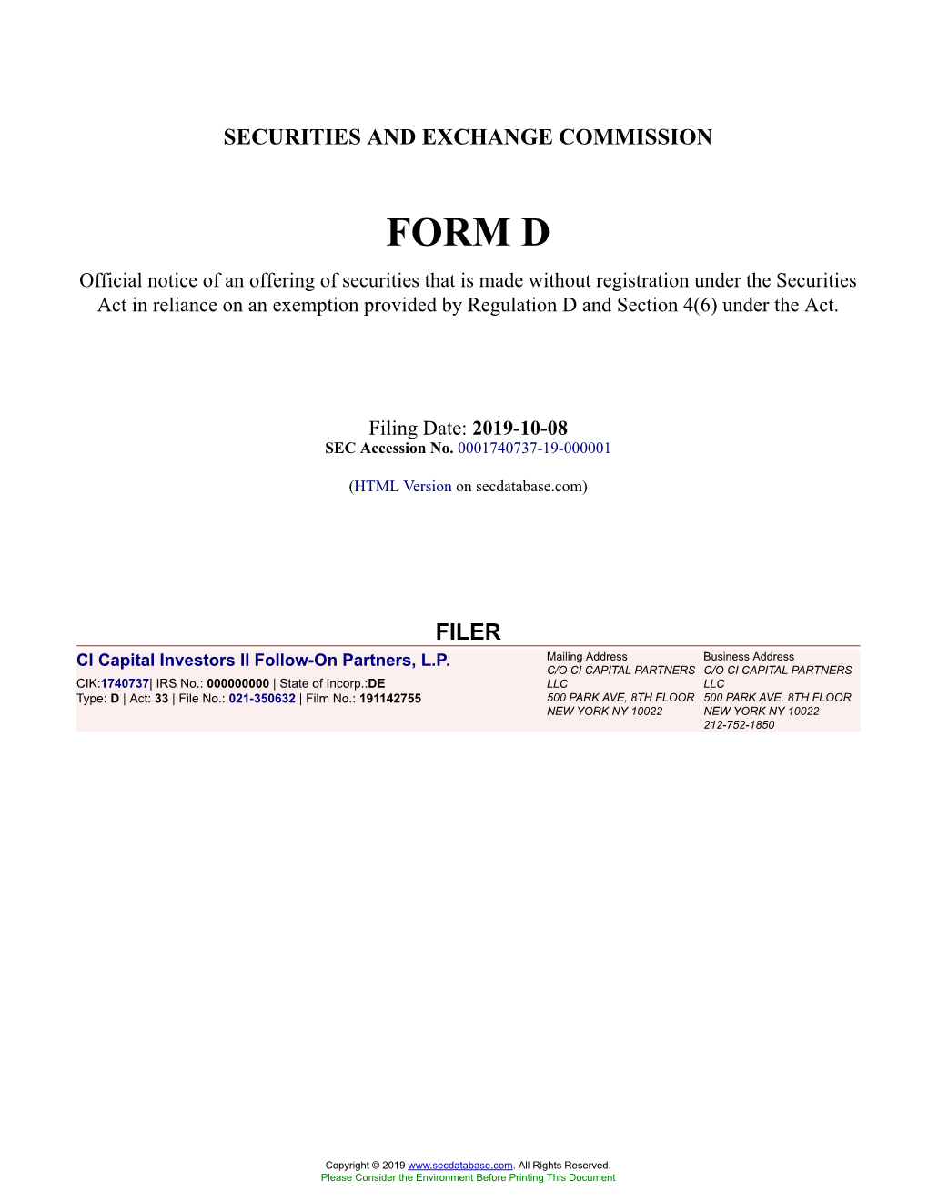 CI Capital Investors II Follow-On Partners, L.P. Form D Filed 2019-10