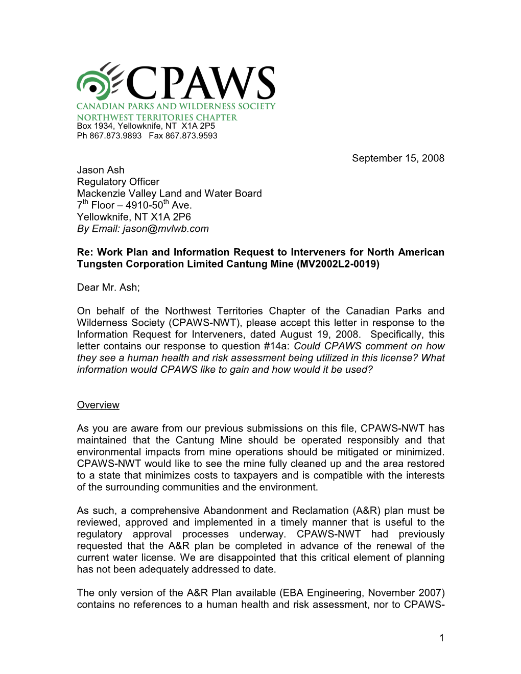 CPAWS-NWT IR Response Sept 15 08