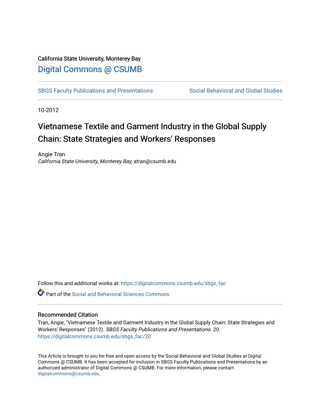 Vietnamese Textile and Garment Industry in the Global Supply Chain: State Strategies and Workers' Responses