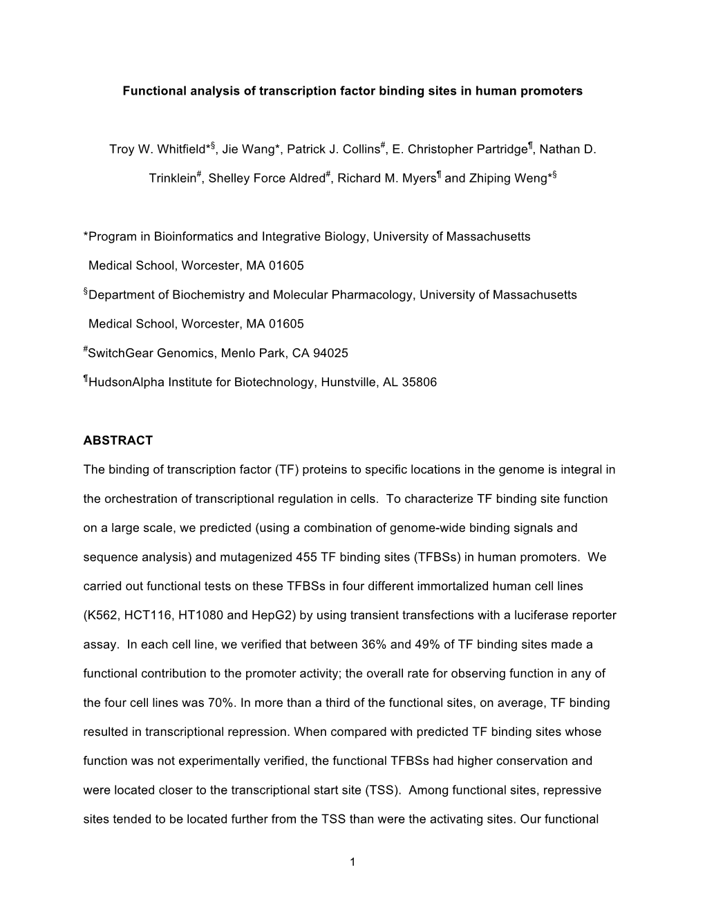 Functional Analysis of Transcription Factor Binding Sites in Human Promoters