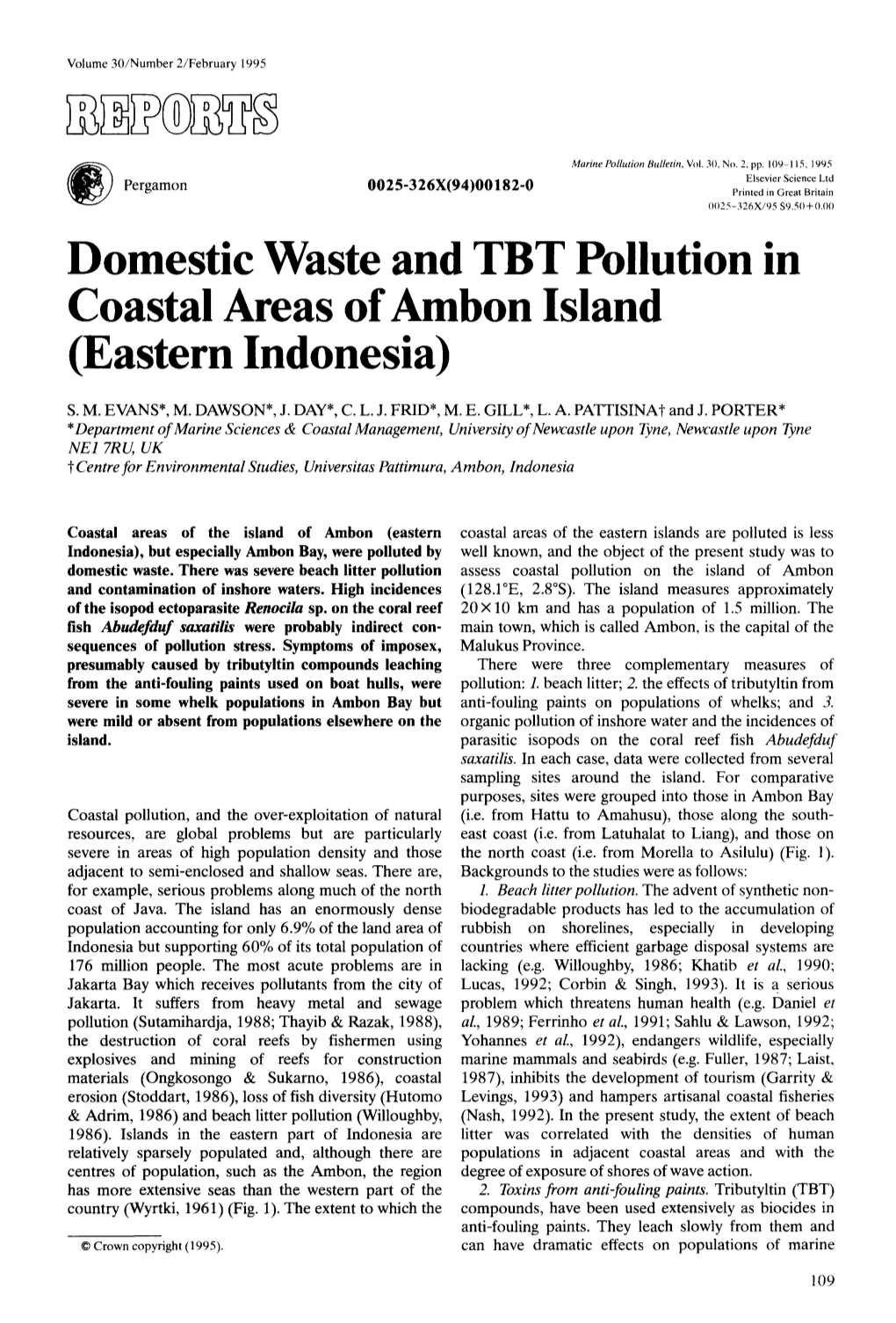 Domestic Waste and TBT Pollution in Coastal Areas of Ambon Island (Eastern Indonesia)