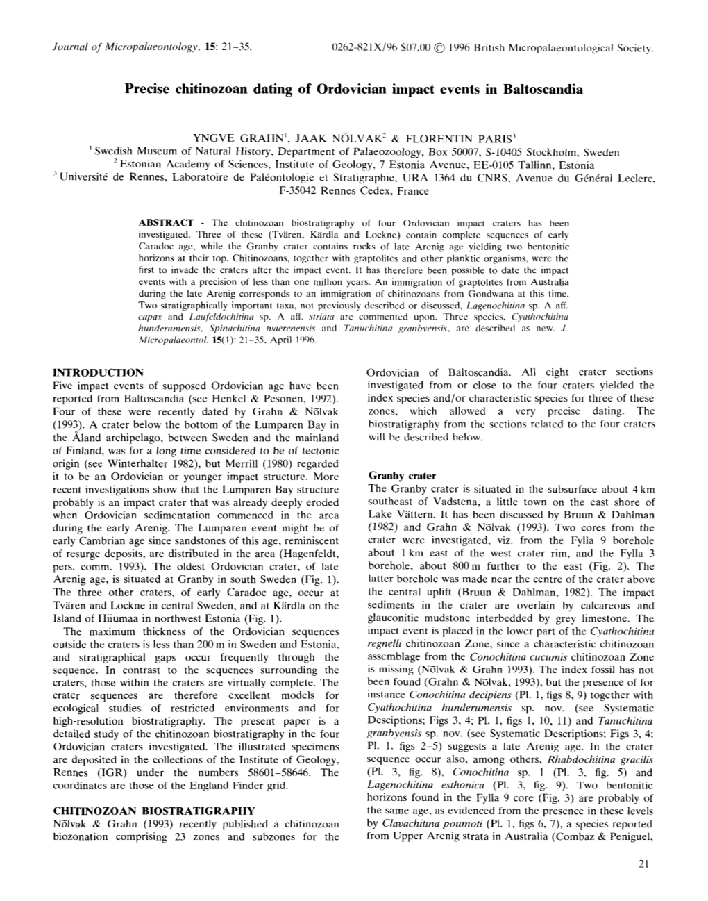 Precise Chitinozoan Dating of Ordovician Impact Events in Baltoscandia