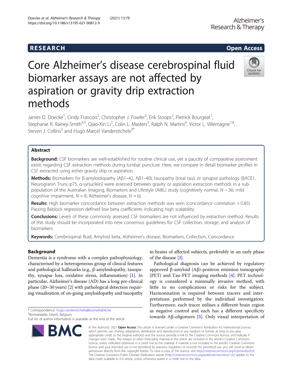 Core Alzheimer's Disease Cerebrospinal Fluid Biomarker