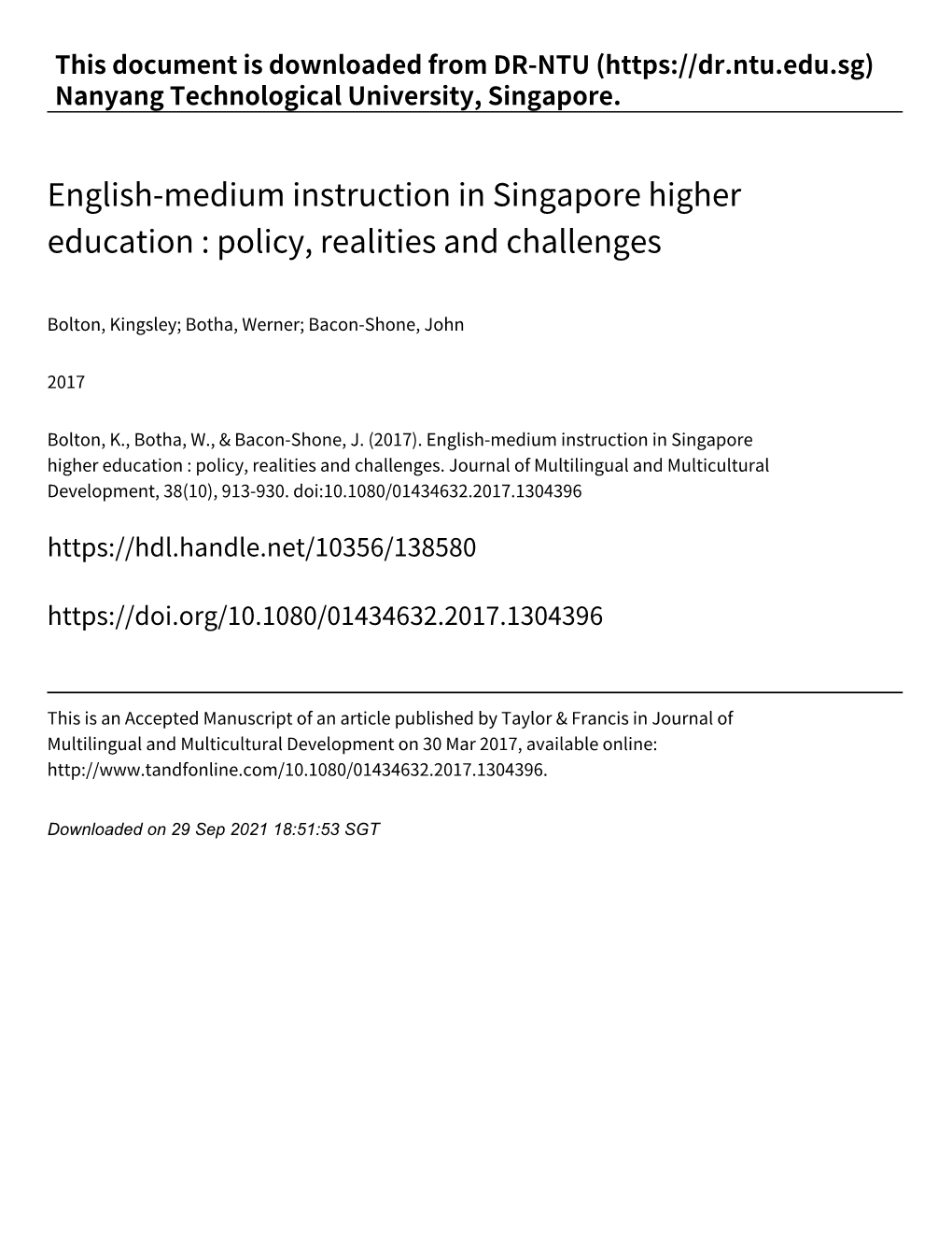 English‑Medium Instruction in Singapore Higher Education : Policy, Realities and Challenges
