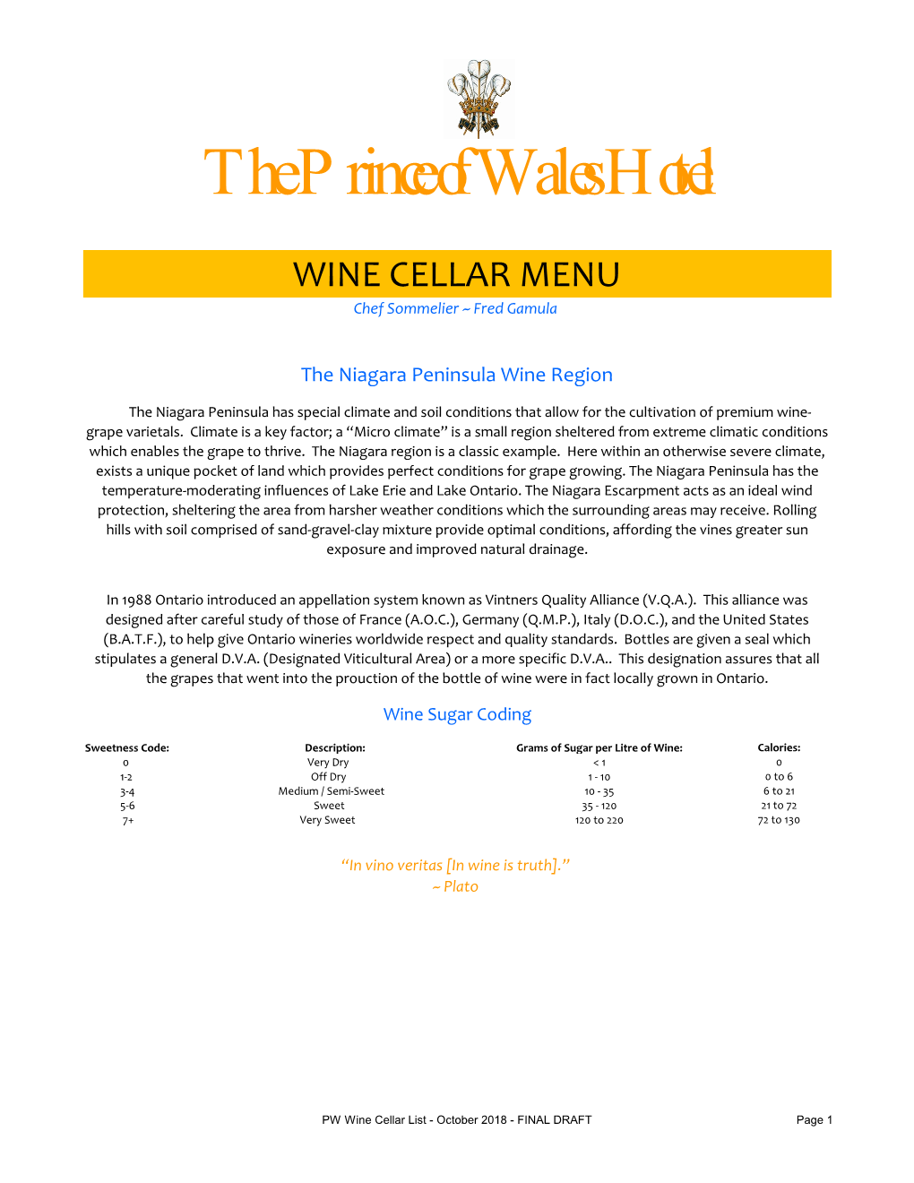 WINE CELLAR MENU Chef Sommelier ~ Fred Gamula