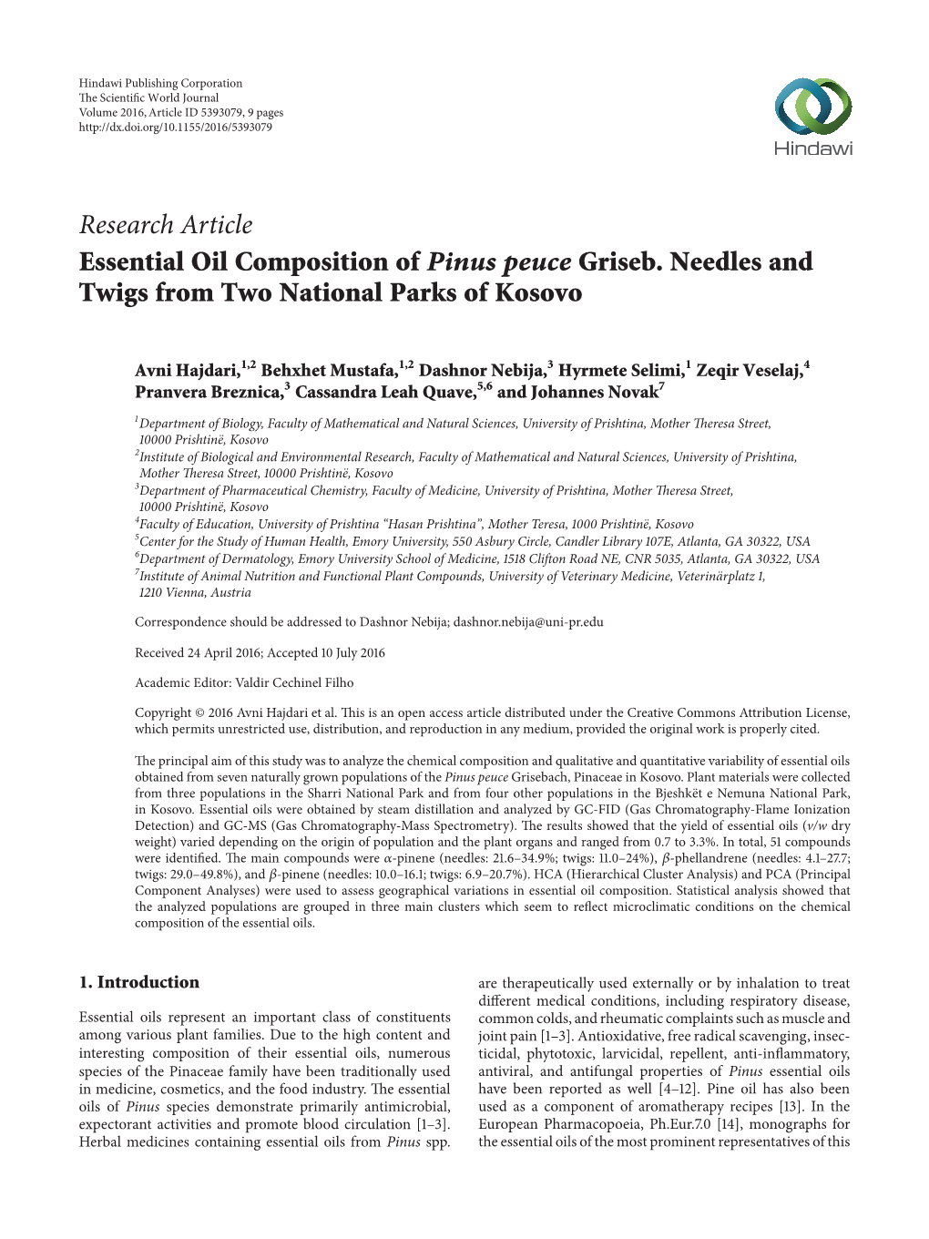 Research Article Essential Oil Composition of Pinus Peuce Griseb