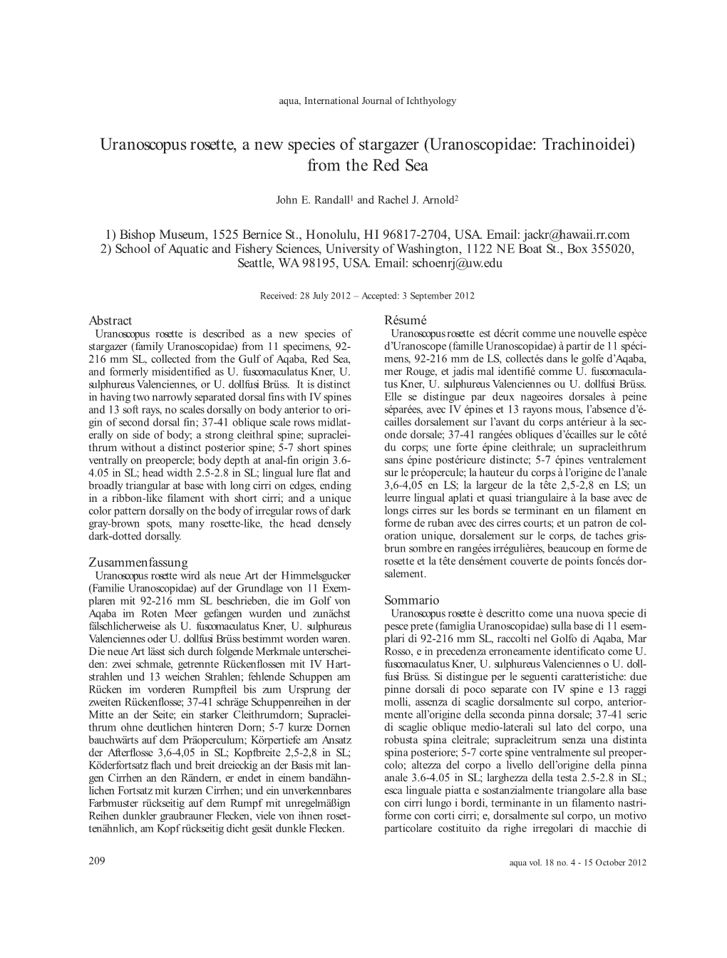 Uranoscopus Rosette, a New Species of Stargazer (Uranoscopidae: Trachinoidei) from the Red Sea