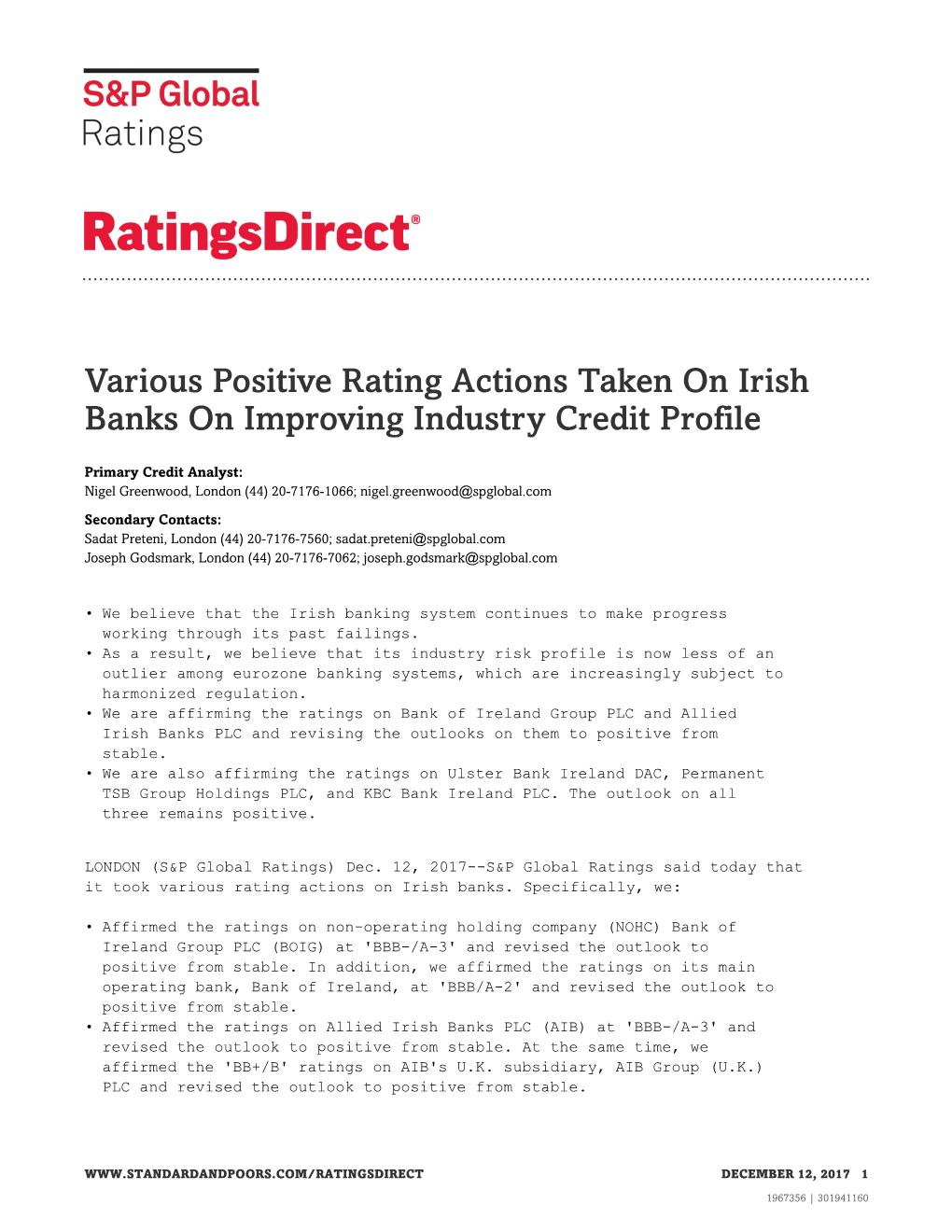 Various Positive Rating Actions Taken on Irish Banks on Improving Industry Credit Profile