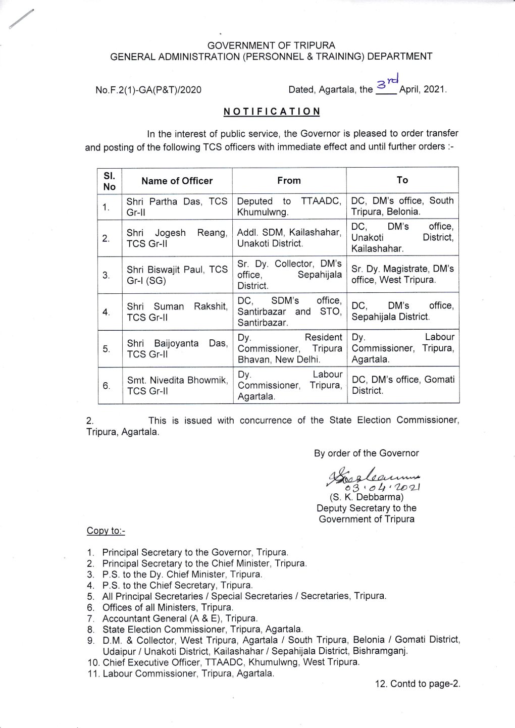 R; No.F.2(1)-GA(P&T)/2020 Dated, Agartala, the C DC, DM's Office, Dy