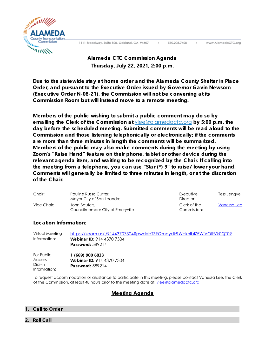 Alameda CTC Commission Agenda Thursday, July 22, 2021, 2:00 P.M