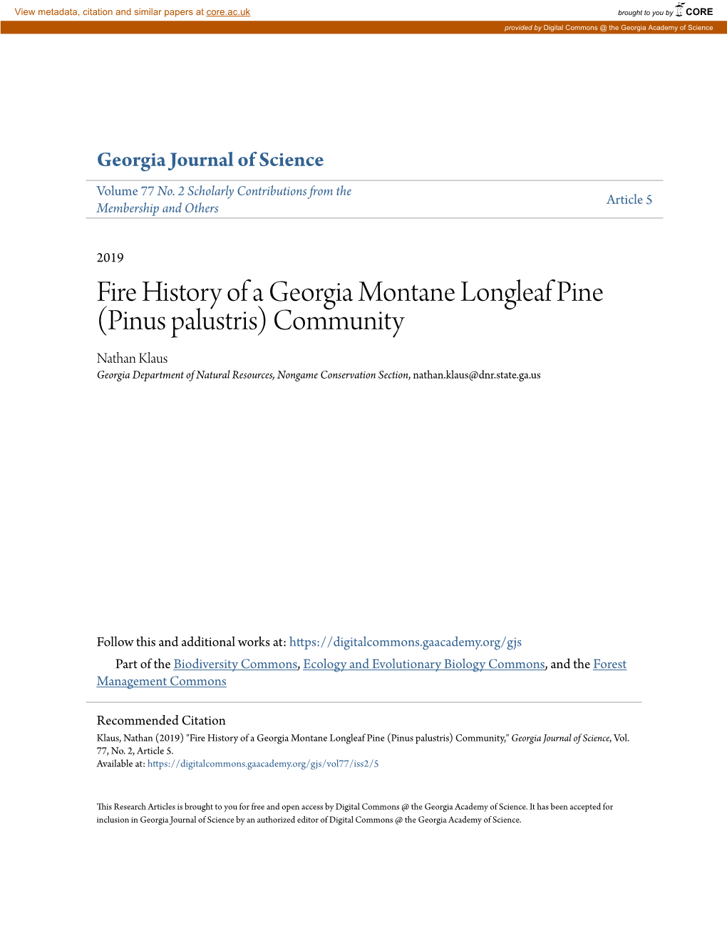 Fire History of a Georgia Montane Longleaf Pine (Pinus Palustris)