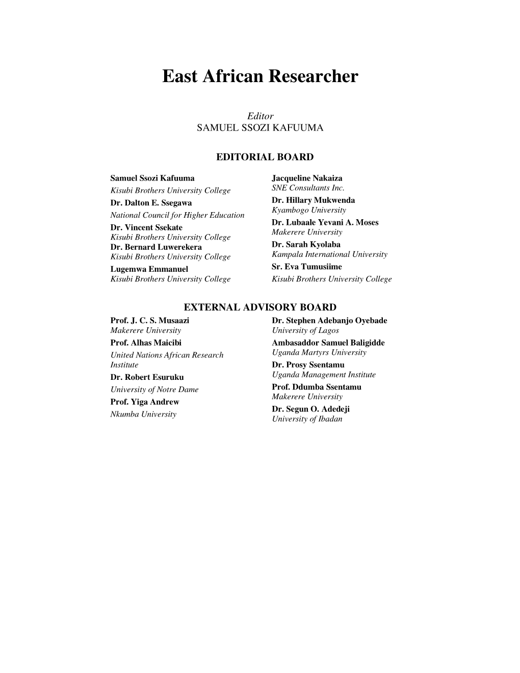 EAST AFRICAN RESEARCHER Volume 1-1 Feb 2012
