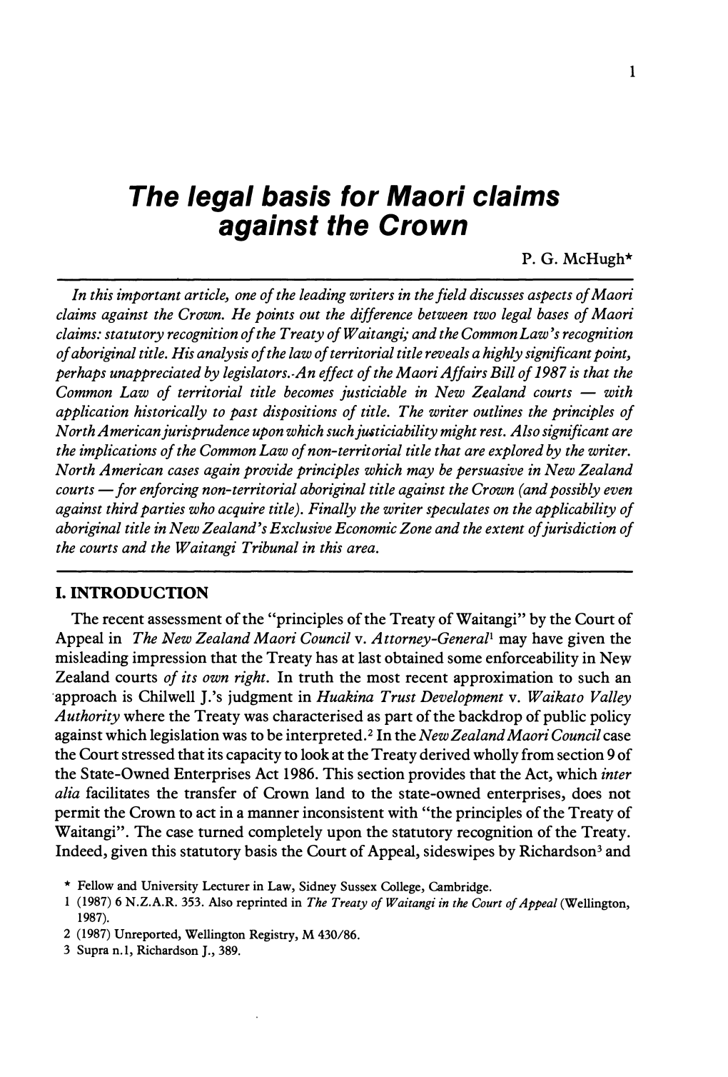 The Legal Basis for Maori Claims Against the Crown P