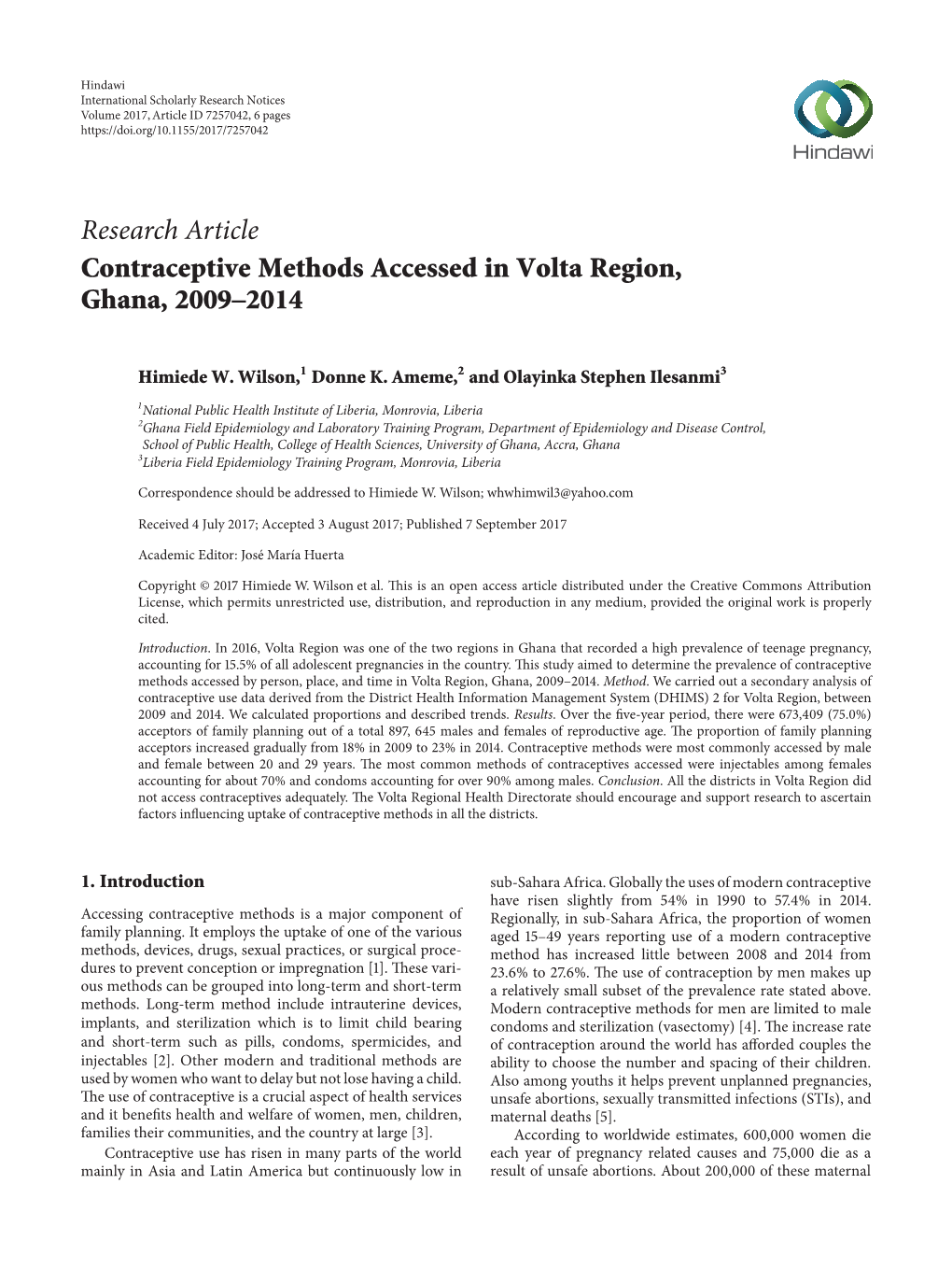 Research Article Contraceptive Methods Accessed in Volta Region, Ghana, 2009–2014