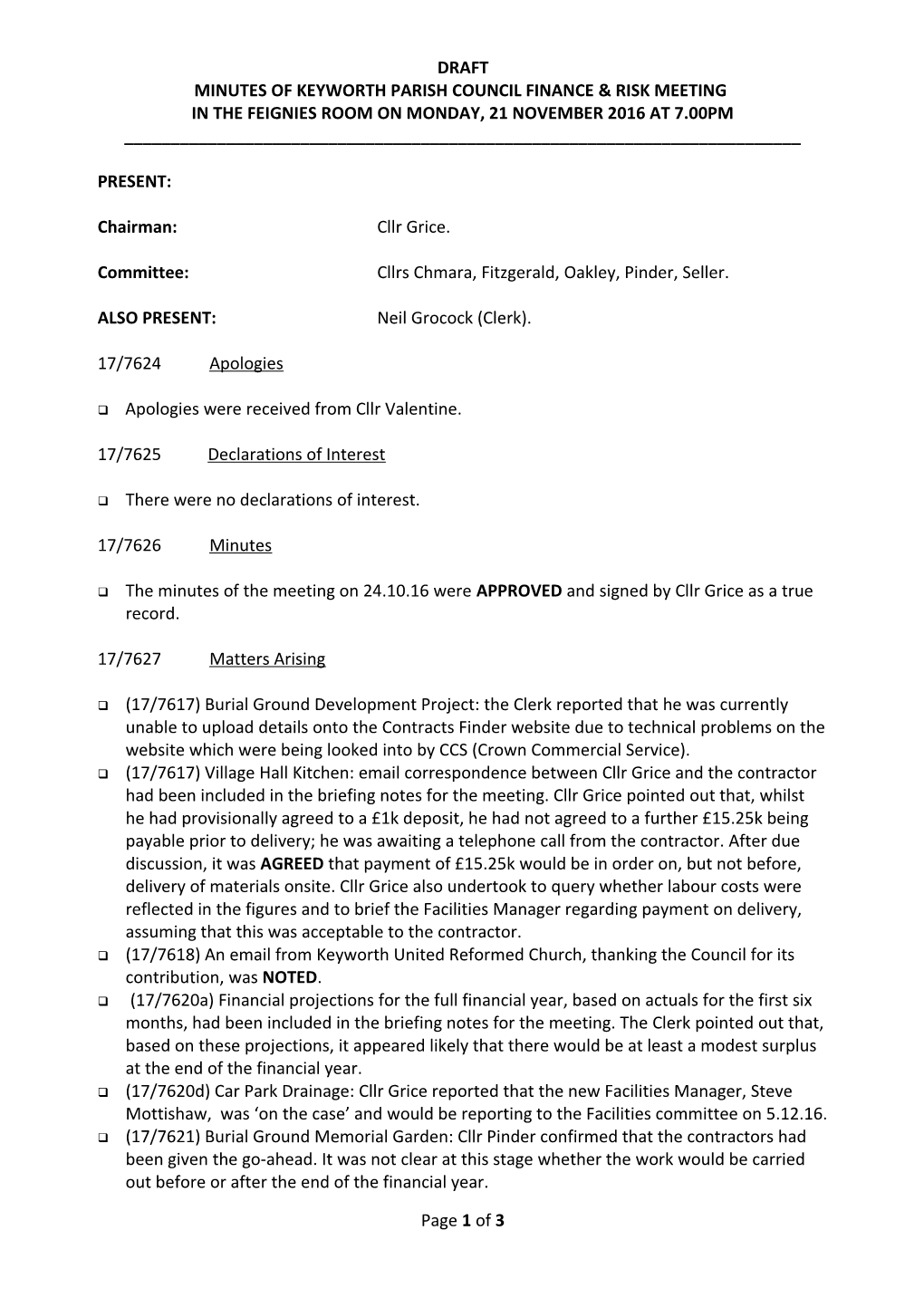 Minutes of Keyworth Parish Council Finance & General Purposes Meeting Held at the Village Hall